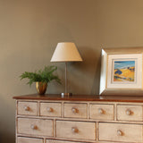 A picture of a wooden furniture unit in front of an olive green coloured wall. On top of the unit stands a green fern in a gold plant pot, a chrome metal table lamp base with a cream tapered lampshade and a gold framed picture. The lamp is turned off in this picture.