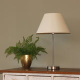 A picture of a chrome metal table lamp base with a tapered cream coloured cotton lampshade stood on top of a wooden furniture unit. To the left of the picture is a green fern plant in a gold plant pot. The lamp is turned off in this picture.