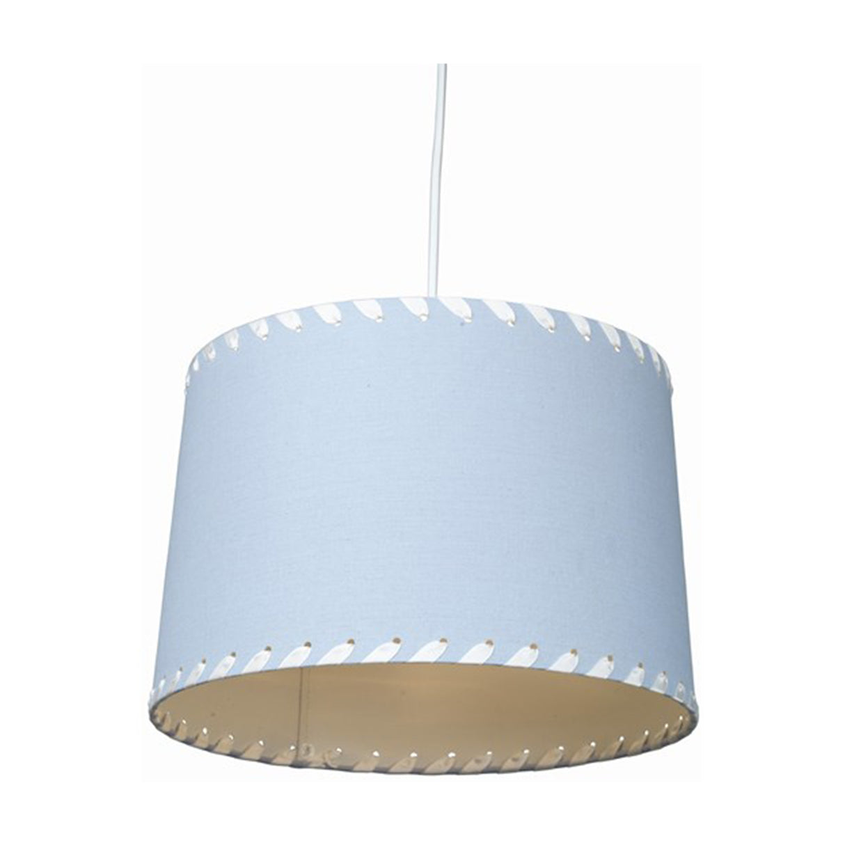 Pale blue cylinder lampshade with white ribbon wrapped around the top and bottom rings