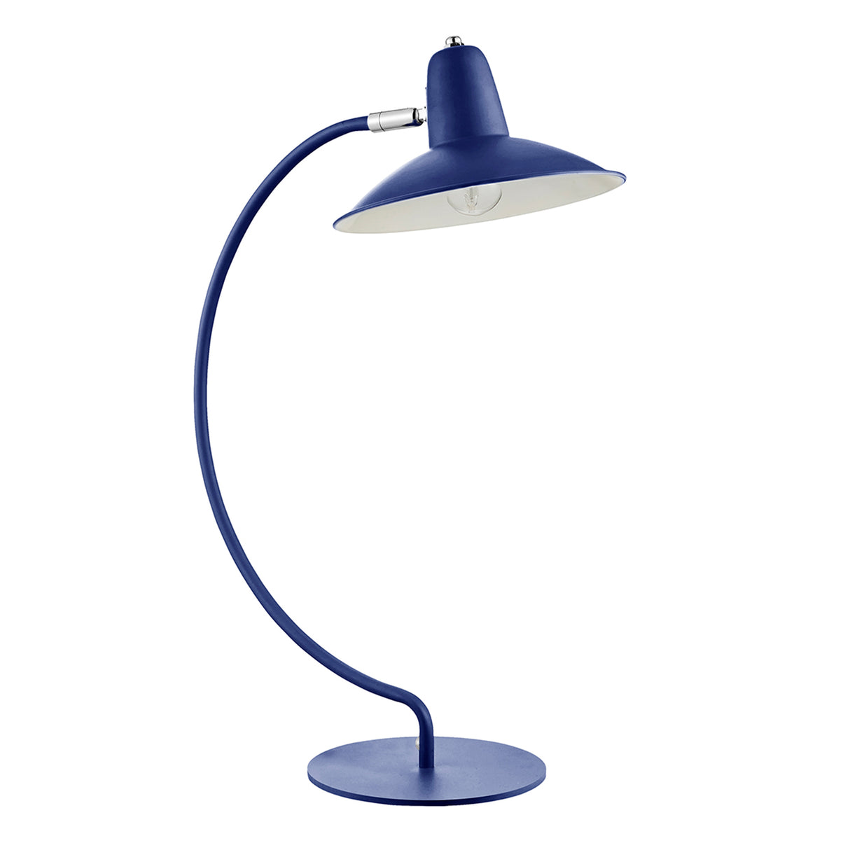 An arc shaped metal table lamp in a matte blue painted finish. The lamp is shown with a bulb just visible and is turned off in this picture.