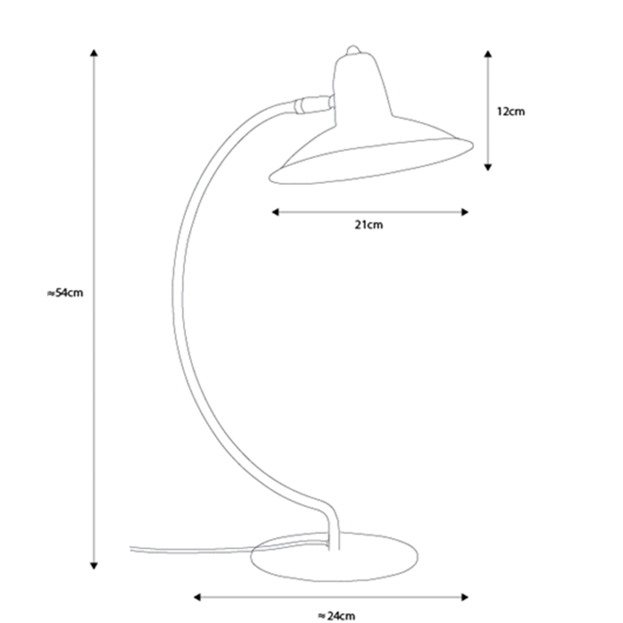 A line drawing of an arc shaped metal table lamp. Dimensions are shown against the drawing saying that the lamp is approximately 54cm high and 24cm from side to side. The lamphead measures 12cm by 21cm.