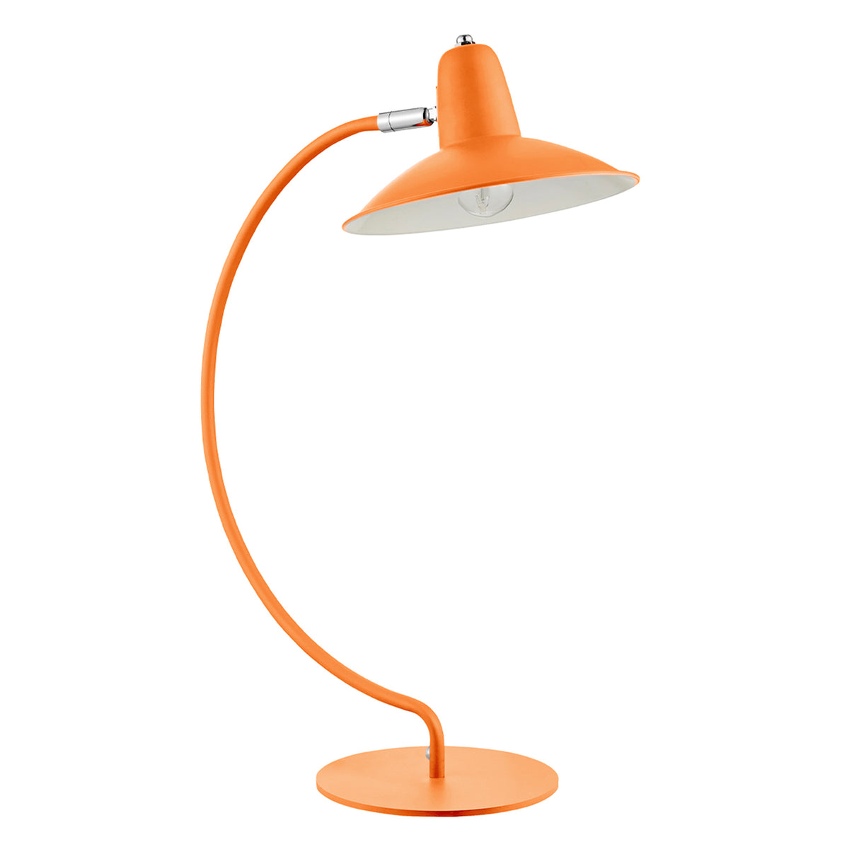 An arc shaped metal table lamp in a matte orange painted finish. The lamp is shown with a bulb just visible and is turned off in this picture.