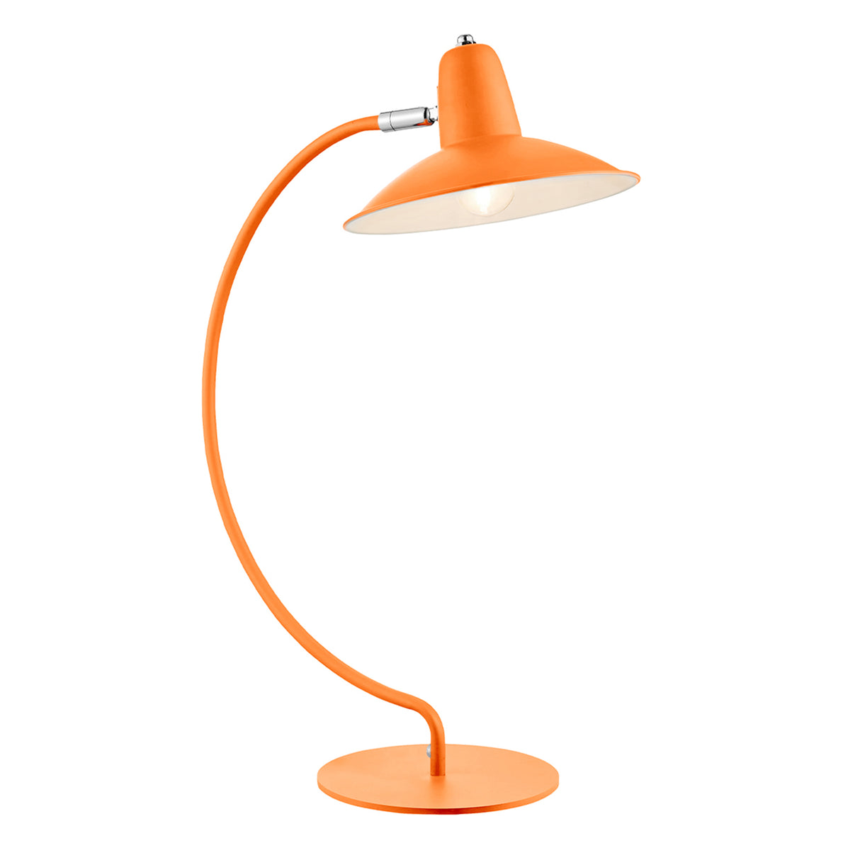 An arc shaped metal table lamp in a matte orange painted finish. The lamp is shown with a bulb just visible and is turned on in this picture.