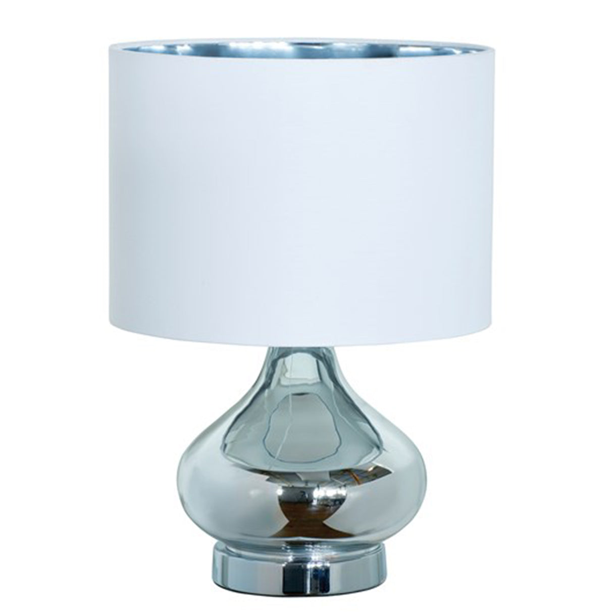 A silver glass teardrop shaped lamp base with a plain white straight sided cotton lampshade. The inside of the shade is lined with a silver coloured reflective lining.