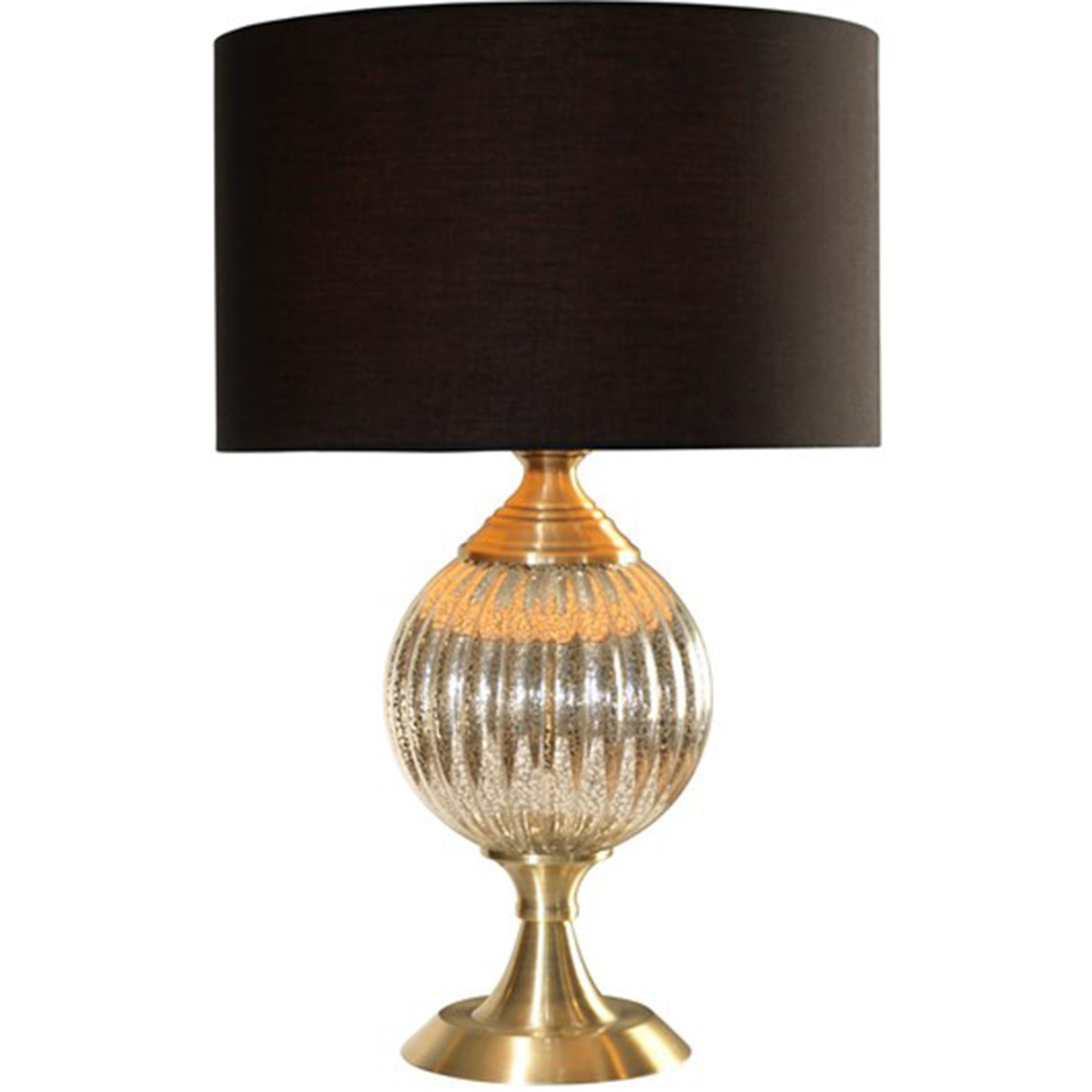 A picture of a glass and metal table lamps base with a large black shade taken against a white background.