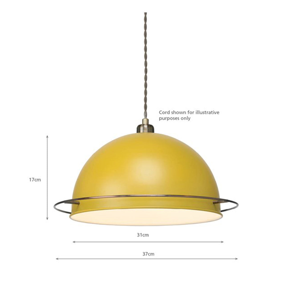 A retro looking ochre yellow metal lampshade hanging on a grey coloured twisted ceiling cable. The dome shaped lampshade has a brushed copper coloured ring approximately 2.5cm or 1 inch from the bottom. The image shows that the pendant lampshade is 17cm high and 31cm wide (or 37cm including the chrome ring decoration). The grey twisted cable is not included.