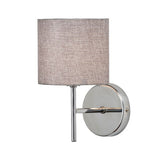 A picture of a chrome wall light sconce with a straight cylinder lampshade taken against a white background.