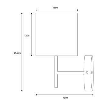 A black and white line drawing of a wall light sconce and lampshade showing measurements of 21.5cm height and 19cm depth. The lampshade is 13cm in diameter and 12cm in height.