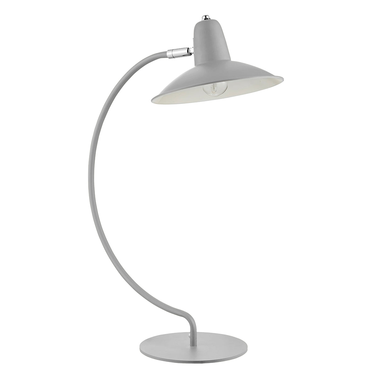 An arc shaped metal table lamp in a matte blue painted finish. The lamp is shown with a bulb just visible and is turned off in this picture.