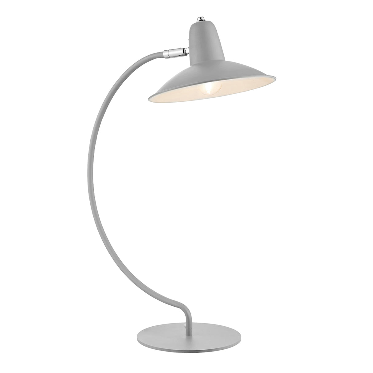 An arc shaped metal table lamp in a matte grey painted finish. The lamp is shown with a bulb just visible and is turned on in this picture.