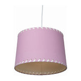 Lavender pink tapered plain cotton lampshade with white ribbon wrapped around the top and bottom frame