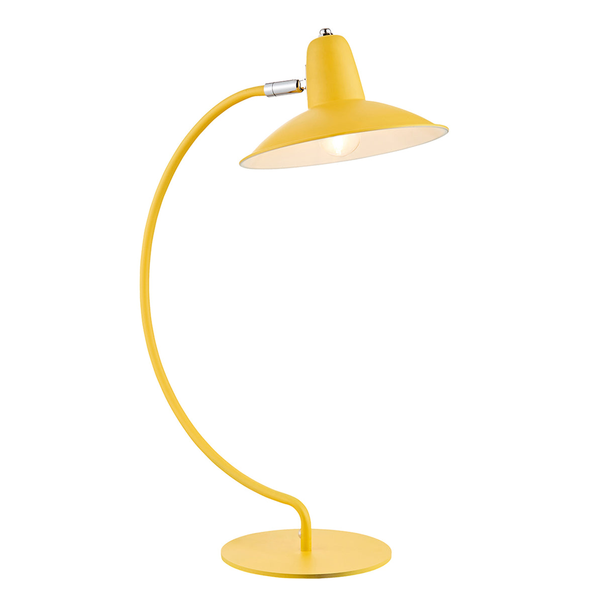 An arc shaped metal table lamp in a matte yellow painted finish. The lamp is shown with a bulb just visible and is turned on in this picture.