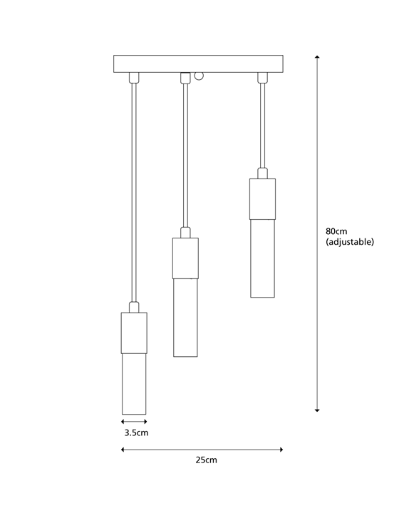 A line drawing representing a ceiling pendant fitting with 3 different length twisted cables hanging down, each one with a brass collar and narrow frosted glass shade. Dimensions are shown explaining that the longest cable and shade measures 80cm and can be adjusted. The diameter of the glass shades is 3cm. The total side to side measurement is 25cm.