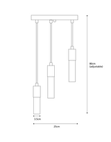 A line drawing representing a ceiling pendant fitting with 3 different length twisted cables hanging down, each one with a brass collar and narrow frosted glass shade. Dimensions are shown explaining that the longest cable and shade measures 80cm and can be adjusted. The diameter of the glass shades is 3cm. The total side to side measurement is 25cm.