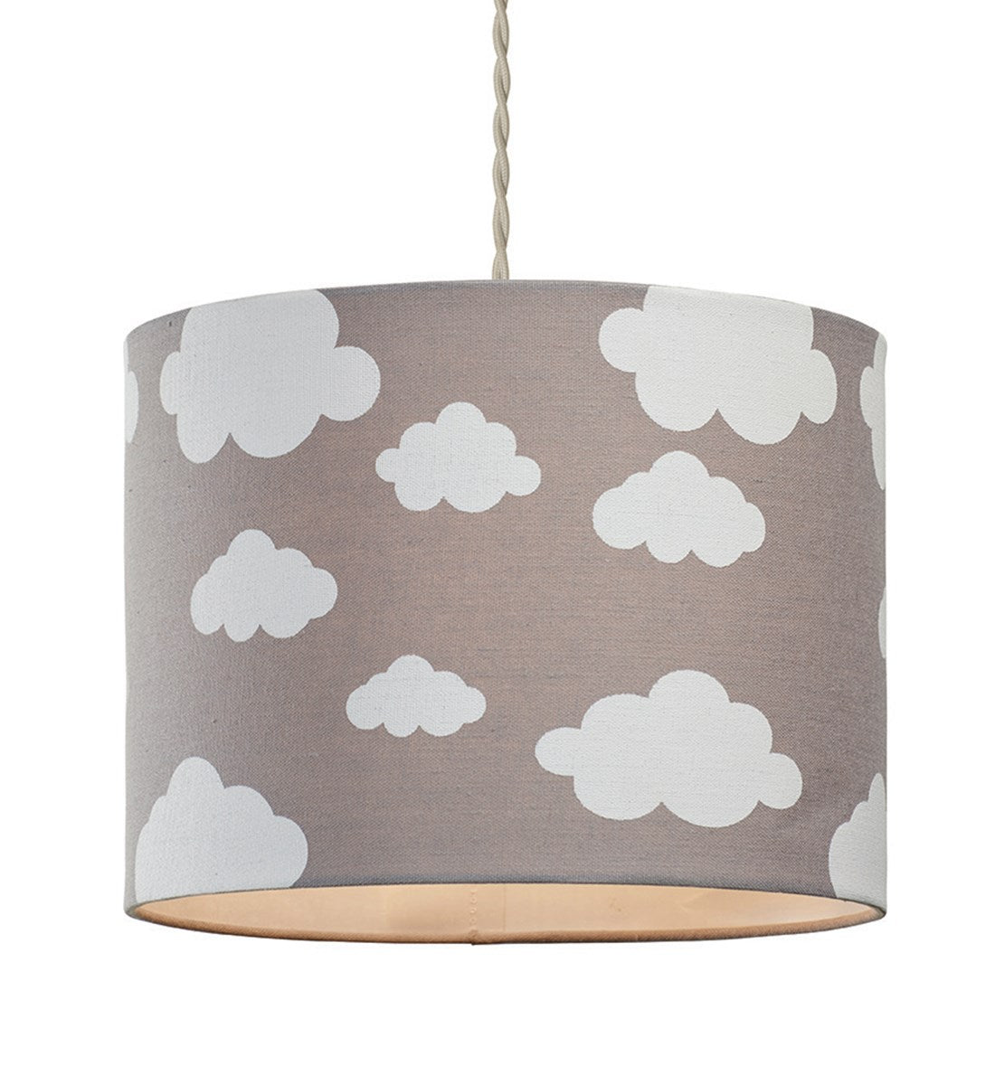 A picture of a grey straight sided cotton cyilnder lampshade with white printed cloud shapes in varying sizes. The picture is taken against a white background.