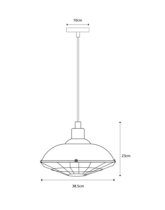 A line drawing to show the dimensions of the main part of a ceiling fitting. The width is 38.5cm and height is 23cm. The ceiling plate is 10cm in diameter.