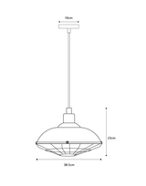 A line drawing to show the dimensions of the main part of a ceiling fitting. The width is 38.5cm and height is 23cm. The ceiling plate is 10cm in diameter.