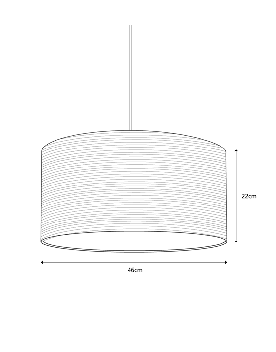 A black and white line drawing to show the dimensions of a lampshade. The diameter is 46cm and the height is 22cm.