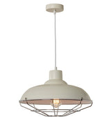 Cream metal industrial style pendant fitting with a metal wire cage at the bottom. The fitting has a white cable and cream ceiling plate, a decorative bulb is on in this picture.